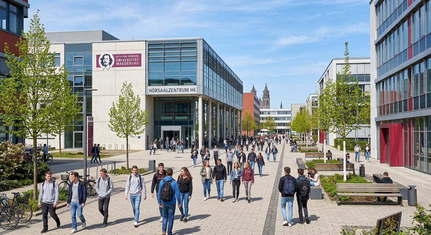 OVGU Magdeburg main lecture hall and campus square with students walking between modern academic buildings on a sunny day
