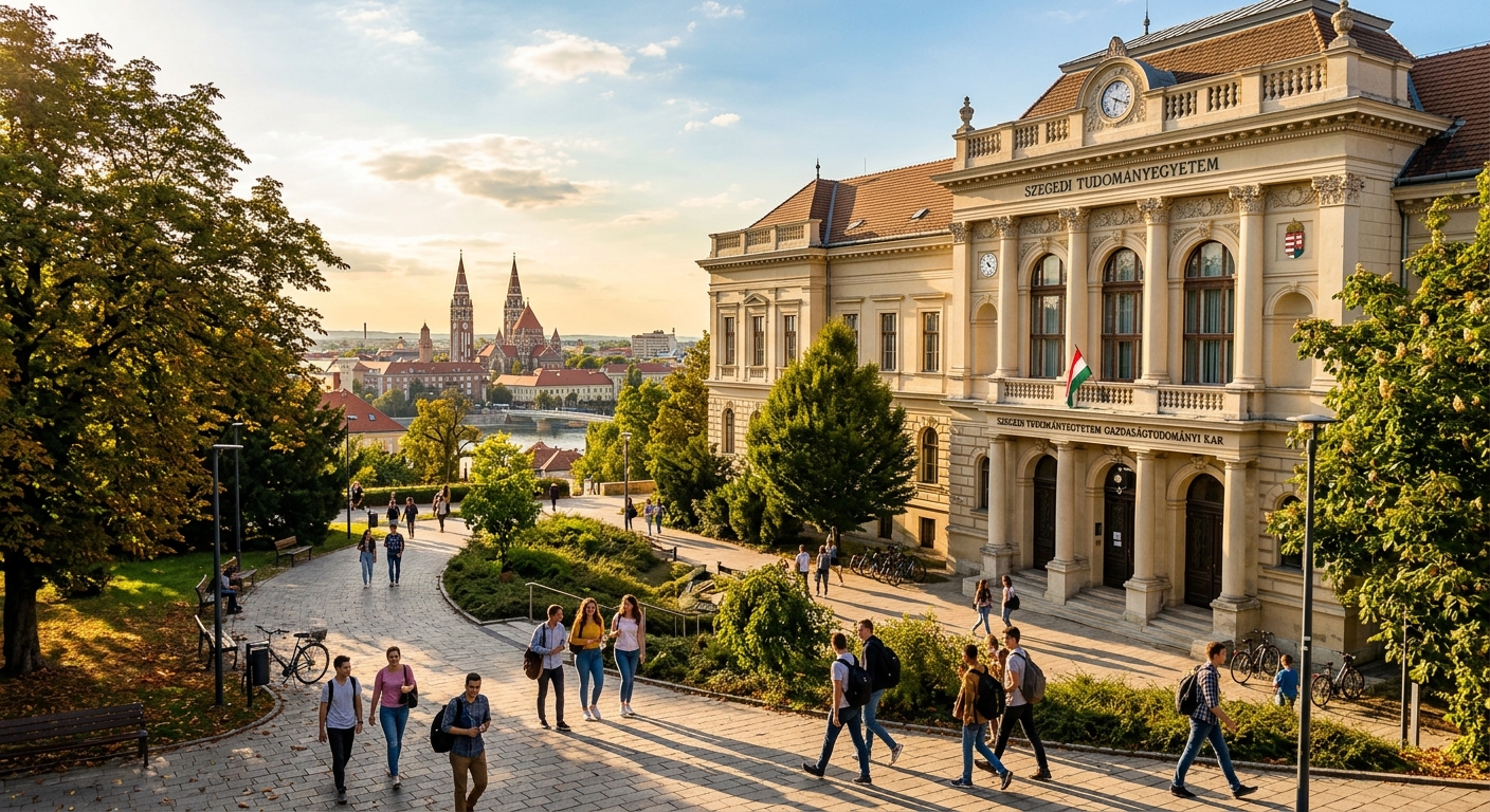 University of Szeged Faculty of Economics and Business Administration building with neoclassical architecture, students walking on campus paths lined with trees, warm sunlight illuminating the Szeged cityscape in southern Hungary