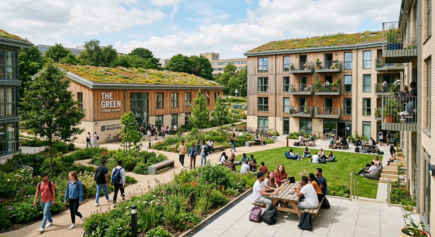 The Green student village at University of Bradford, eco-friendly modern residential buildings with green roofs, landscaped courtyards, students socialising outdoors