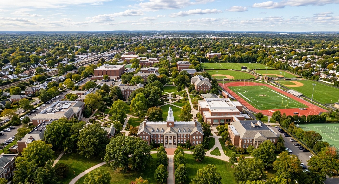 Aerial view of Adelphi University Garden City campus, 75-acre green suburban grounds with brick academic buildings, tree-lined walkways, athletic fields, and Levermore Hall in the foreground, Long Island New York