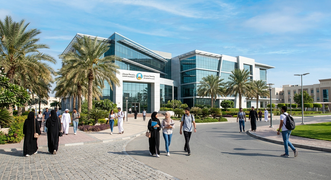 Ajman University modern campus building with palm trees, students walking along pathways, contemporary architecture with glass facades, blue sky in the background, United Arab Emirates setting