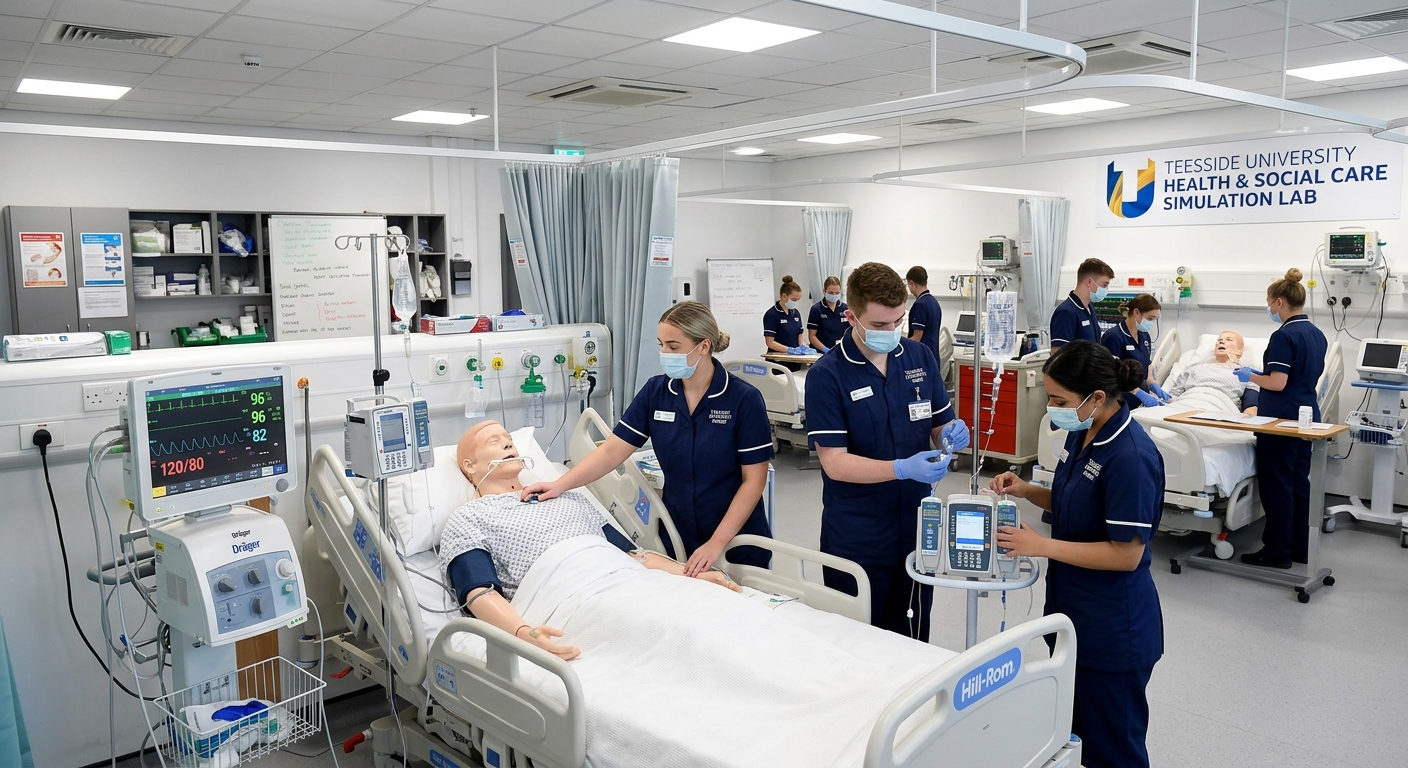 Modern nursing simulation laboratory at Teesside University campus in Middlesbrough, students in clinical uniforms practicing patient care with high-fidelity mannequins, bright clinical lighting, medical equipment visible