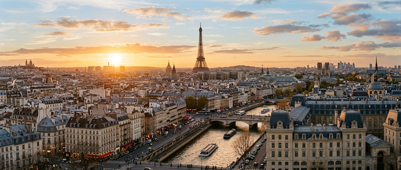 Panoramic view of Paris cityscape at golden hour, Eiffel Tower prominent in centre, Seine River winding through the city, Haussmann-style buildings, blue sky with scattered clouds
