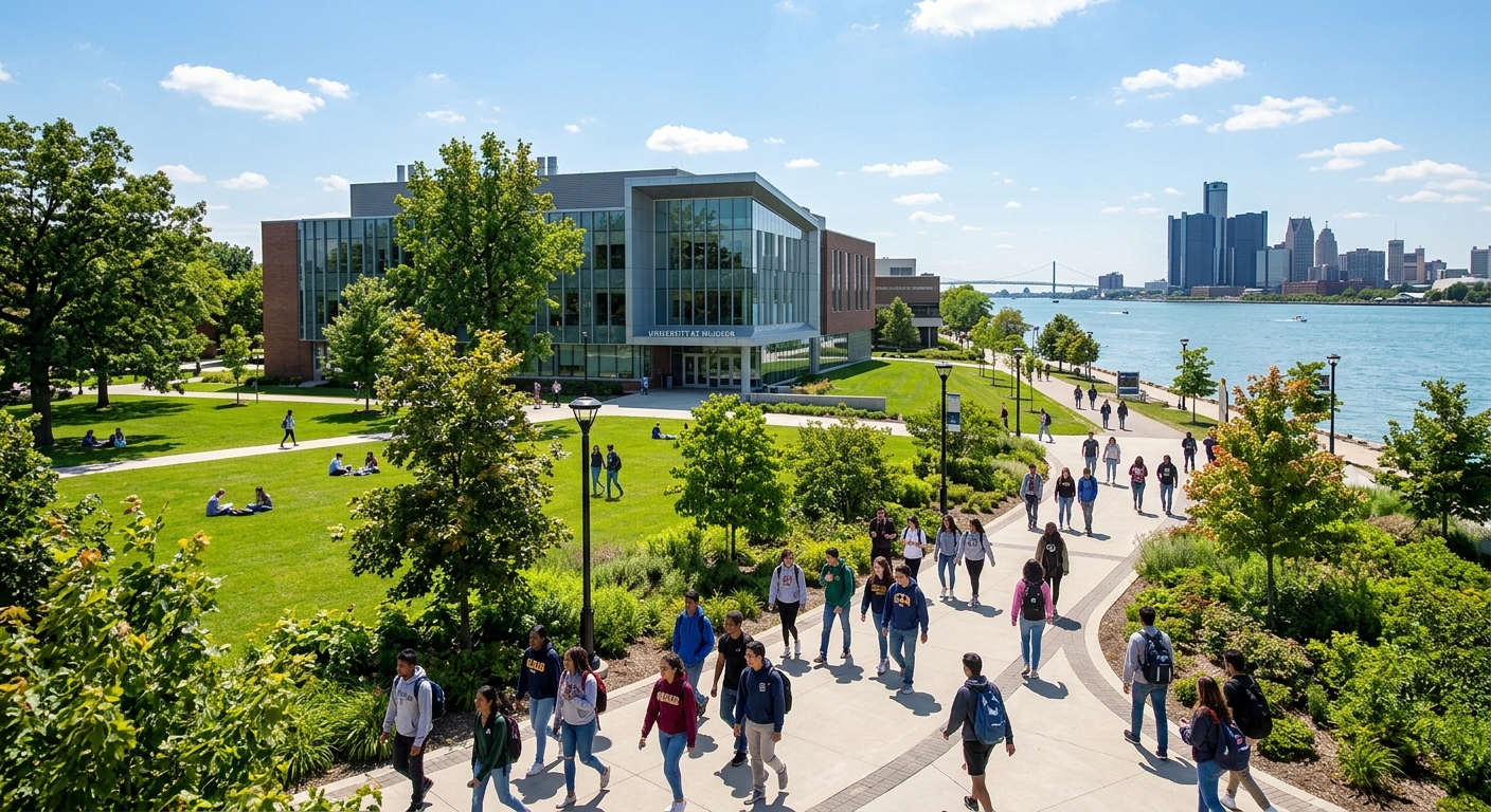 University of Windsor campus with modern science building, green lawns, and students walking along pathways with the Detroit River visible in the background, sunny day in Ontario Canada
