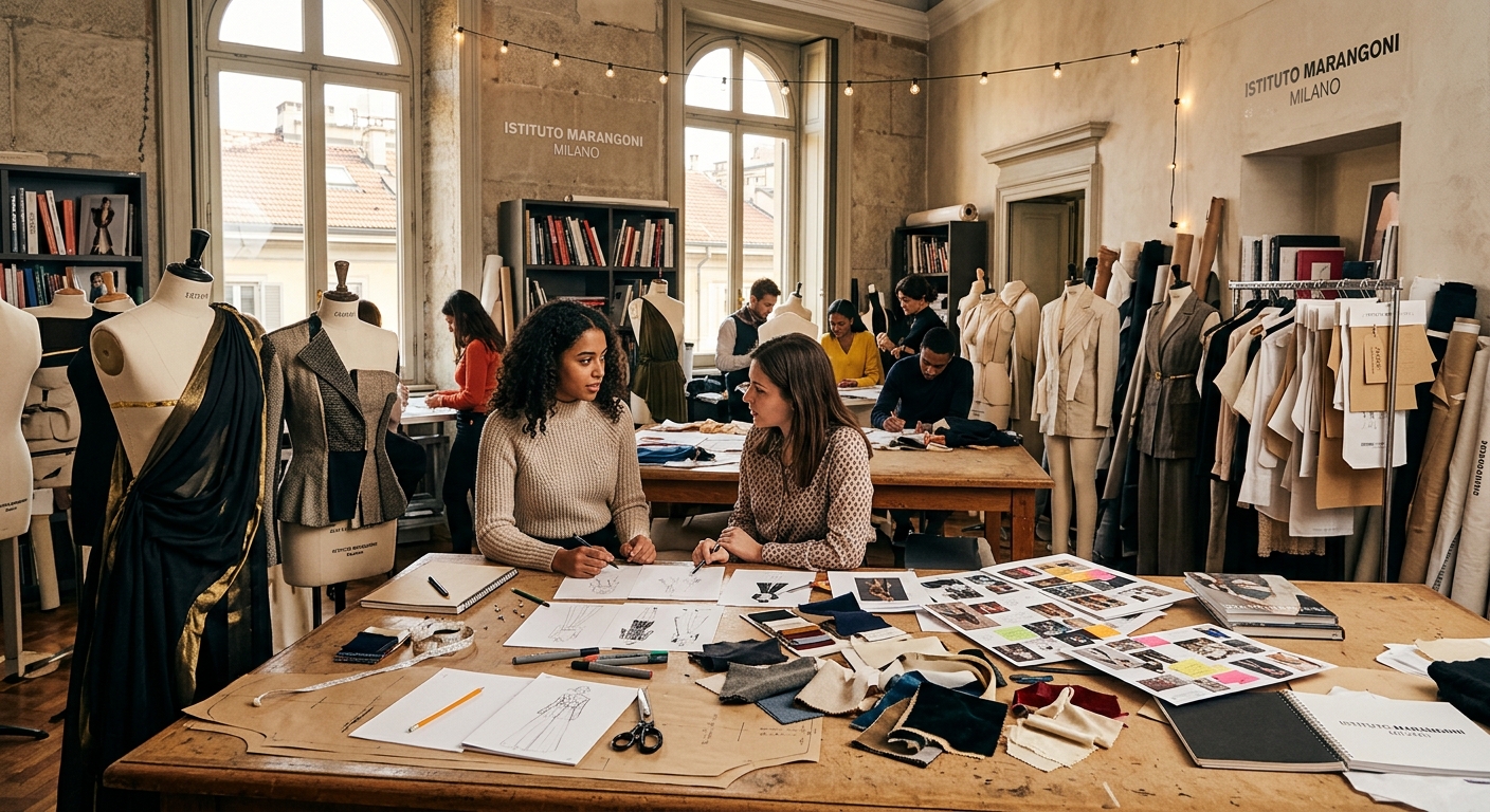 Elegant fashion atelier workspace at Istituto Marangoni Milano, with fabric swatches, fashion sketches on design tables, mannequins draped in prototype garments, and students collaborating under warm Italian studio lighting