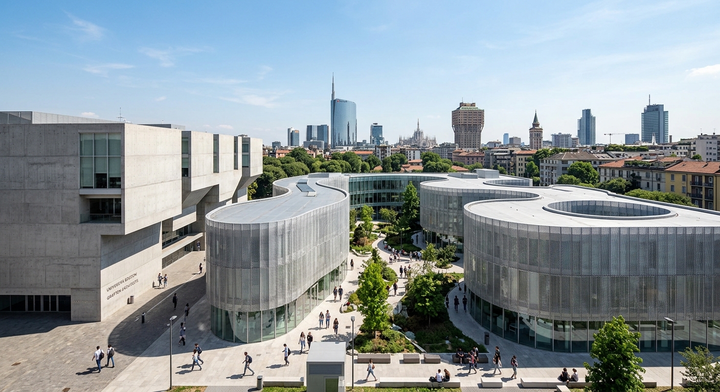 Bocconi University campus wide shot in Milan Italy, modern SANAA-designed perforated metal buildings surrounding a central courtyard, Grafton Architects library visible, urban setting with Milan skyline in background, clear sky, academic atmosphere