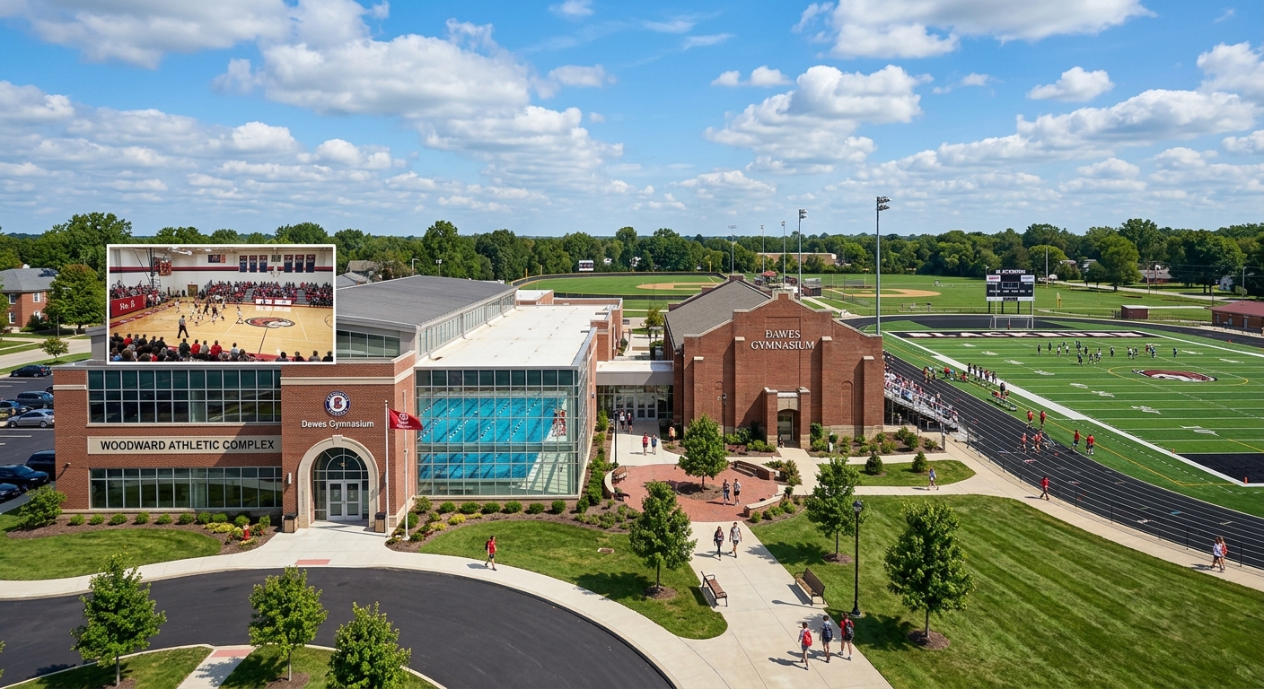 Dawes Gymnasium and Woodward Athletic Complex at Blackburn College featuring indoor sports facilities, swimming pool, and outdoor playing fields under blue skies