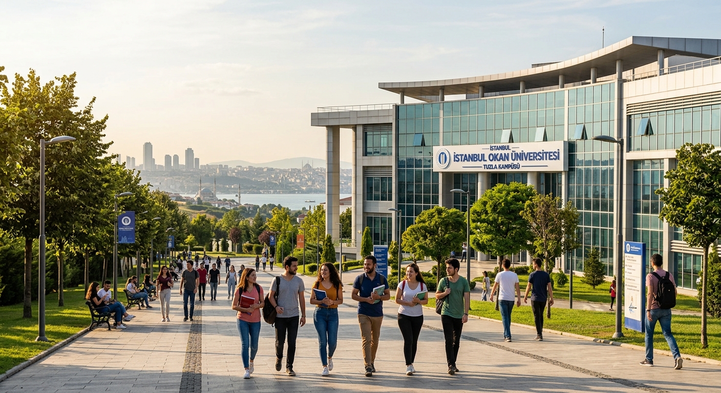 Modern Istanbul Okan University campus building in Tuzla district with glass facade, students walking on tree-lined pathways, Istanbul skyline visible in the background, warm afternoon sunlight