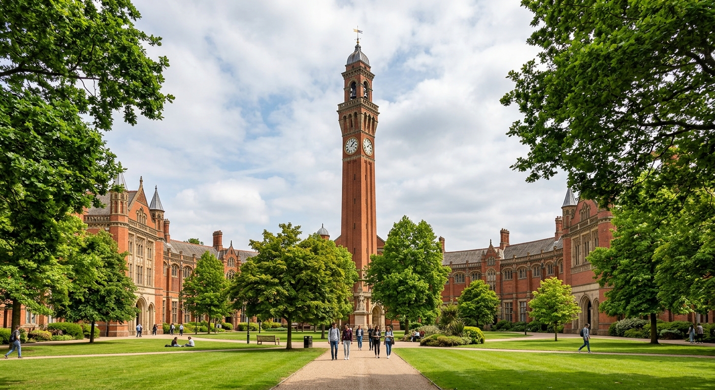 Joseph Chamberlain Memorial Clock Tower (Old Joe) rising above the redbrick Chancellor's Court buildings at the University of Birmingham, surrounded by green lawns and mature trees