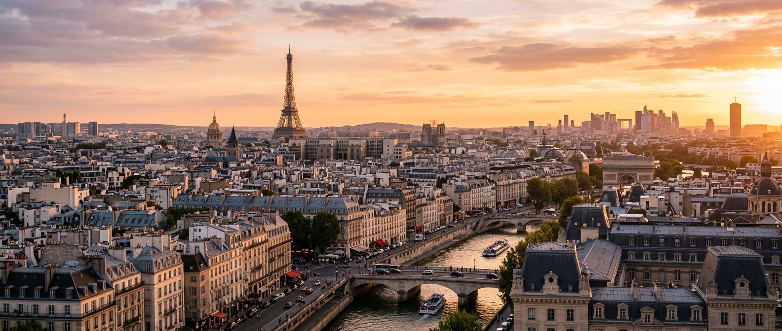 Panoramic Paris skyline at golden hour, Eiffel Tower in the distance, Seine River flowing through the city, historic Haussmann buildings, La Défense business district visible on the horizon