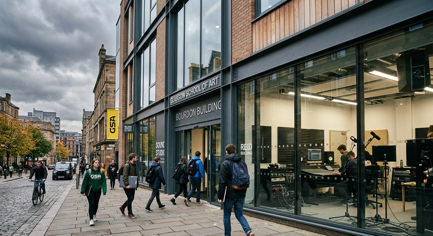 Glasgow School of Art campus building in Glasgow city centre, students entering a modern creative arts facility with sound studio equipment visible through glass windows, overcast Scottish sky