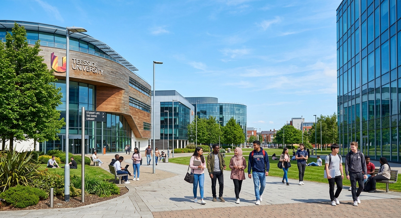 Modern Teesside University campus in Middlesbrough, United Kingdom, featuring contemporary glass buildings, green spaces, and international students walking through the town-centre campus with a clear sky backdrop