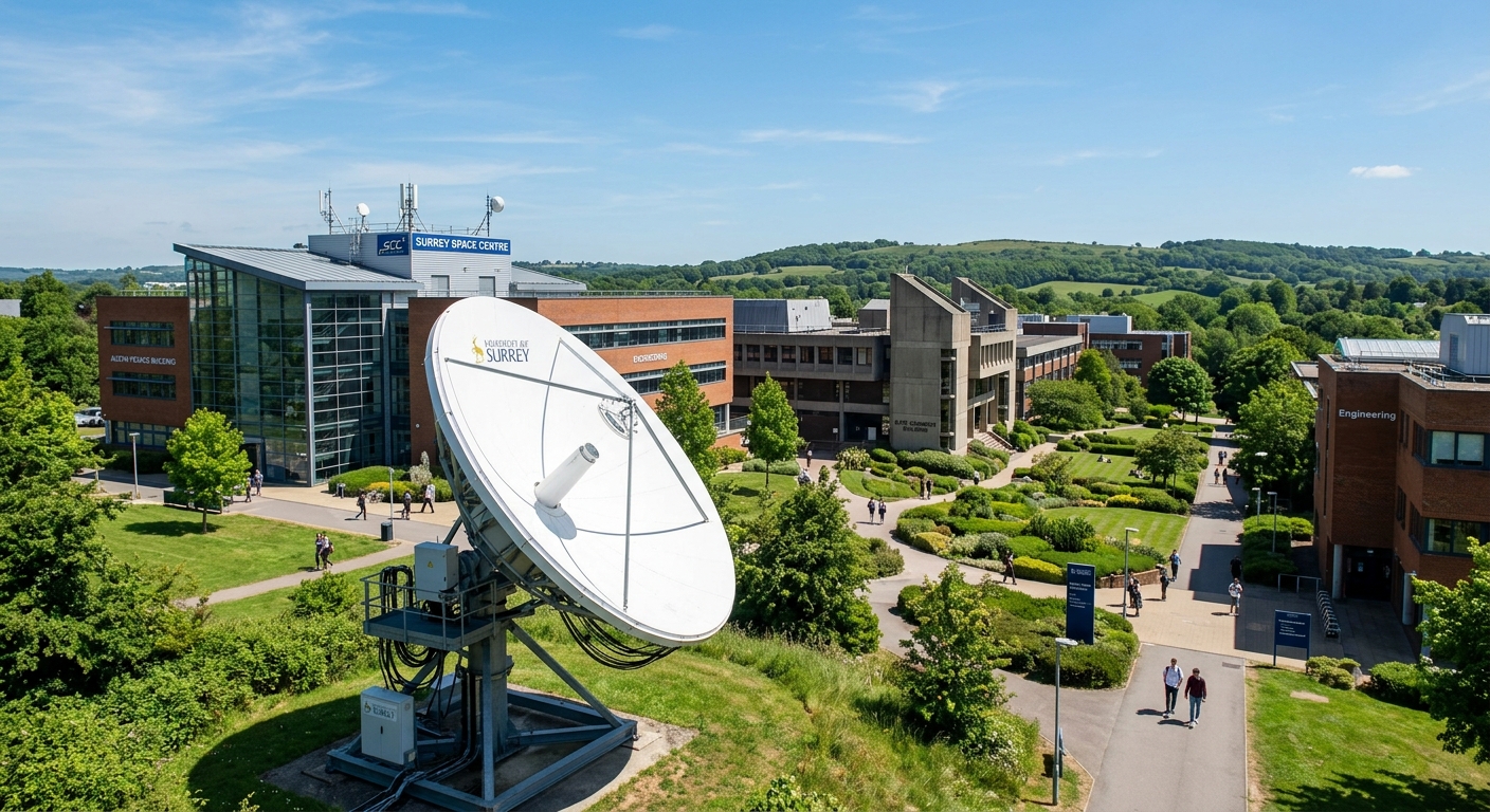 University of Surrey campus in Guildford with the Surrey Space Centre satellite ground station visible, modern engineering buildings surrounded by green parkland, clear sky with satellite dish in the foreground