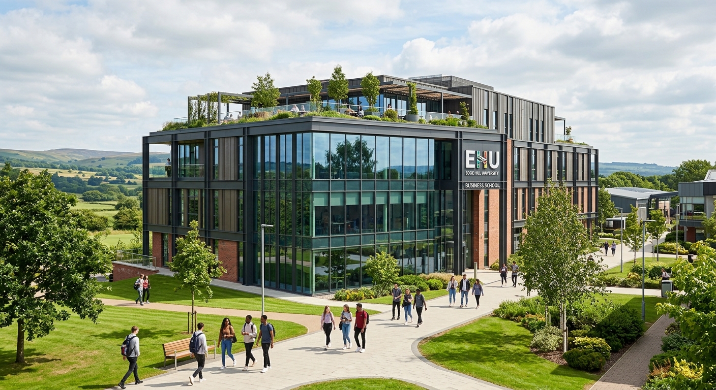 Modern Edge Hill University Business School building exterior with glass facade, students walking on green campus paths, contemporary three-storey architecture with roof garden visible, Lancashire countryside in background