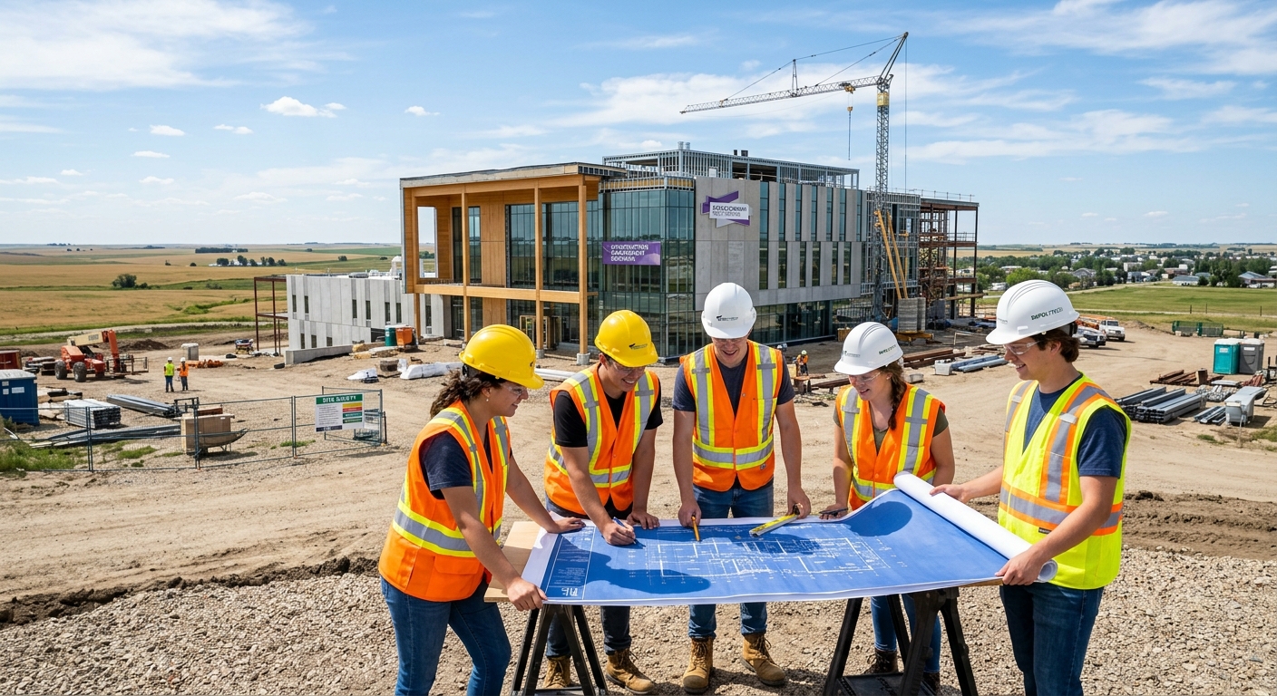Modern polytechnic campus building in Saskatchewan Canada with construction management students wearing hard hats and safety vests reviewing blueprints on a sunny day, prairie landscape in background