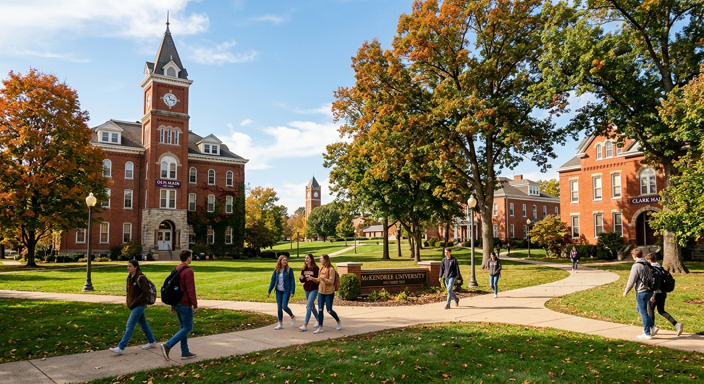 Historic McKendree University campus in Lebanon Illinois with red brick academic buildings, green lawns, mature trees, and students walking along pathways on a sunny day