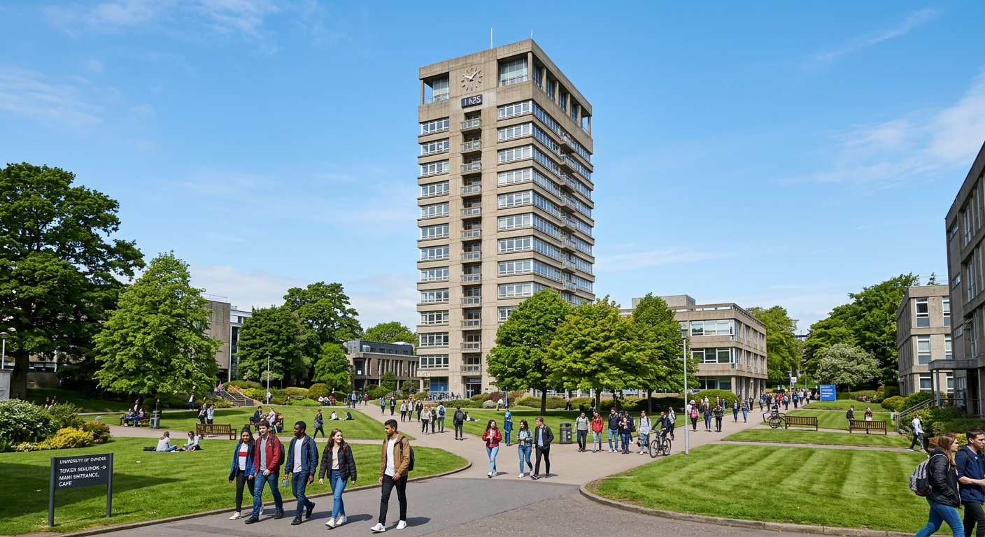 University of Dundee Tower Building, a modernist landmark rising above the campus green with students walking on pathways below, clear day