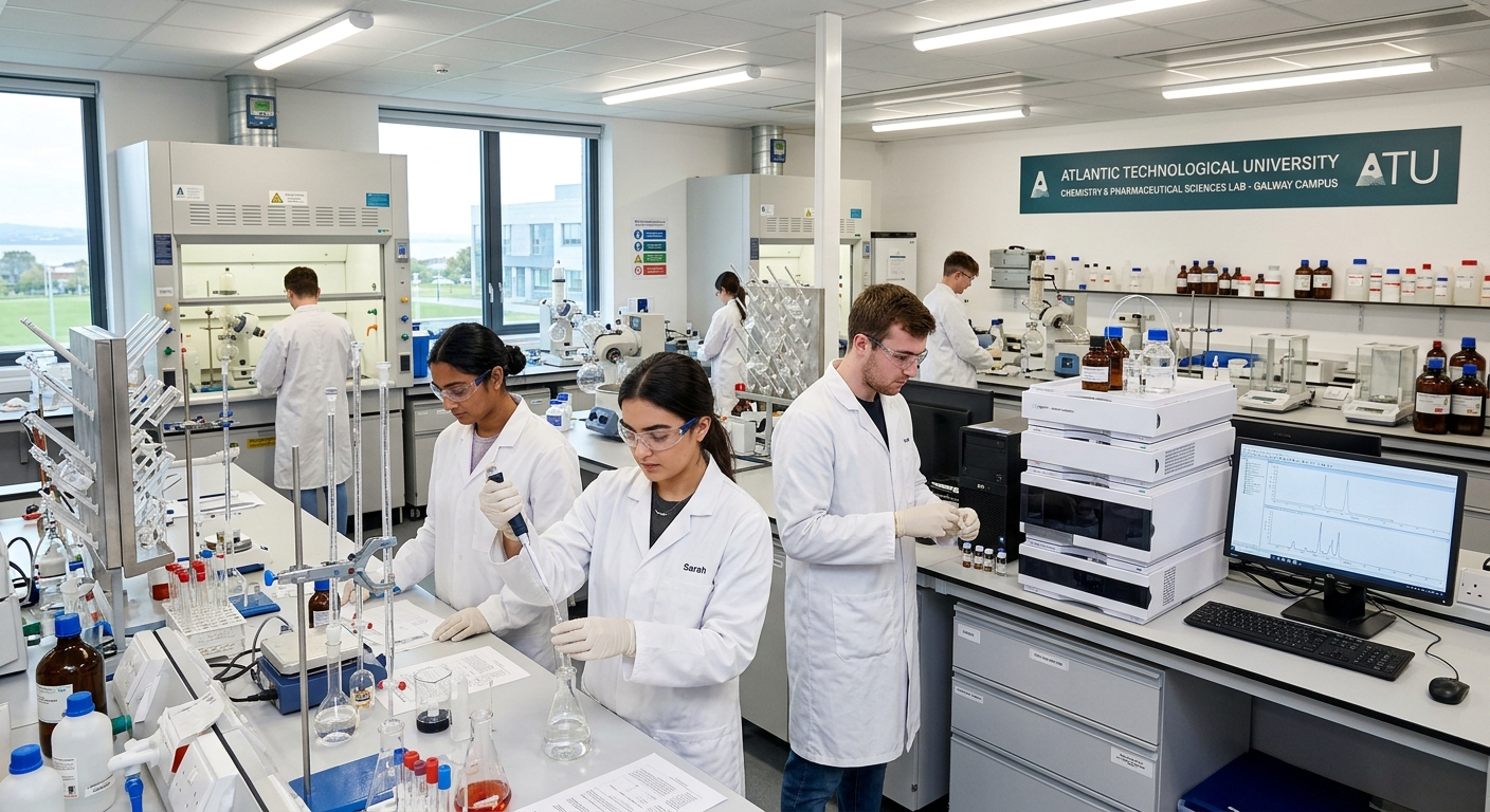 Modern chemistry laboratory at Atlantic Technological University Galway campus, students in white lab coats working with analytical instruments and glassware, bright fluorescent lighting, pharmaceutical equipment visible in background