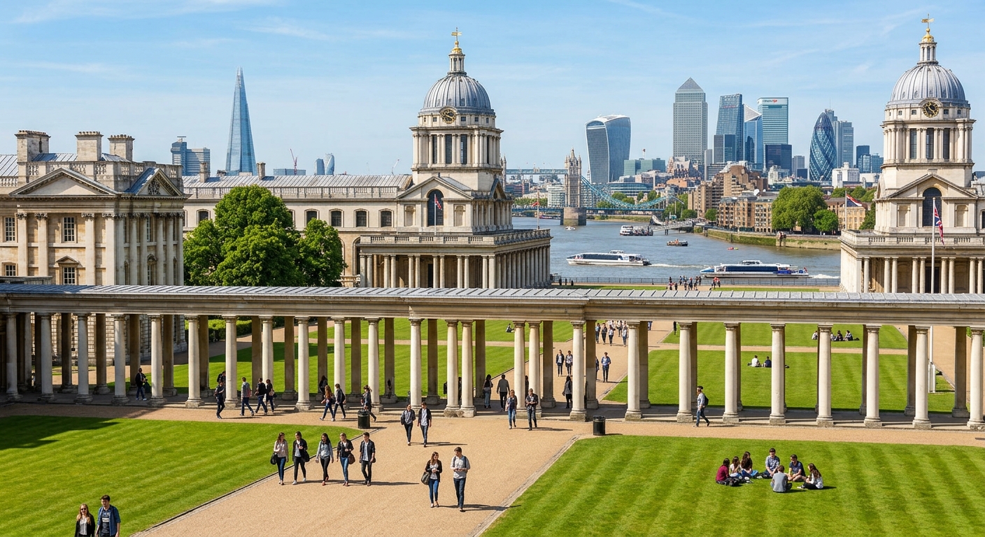Historic University of Greenwich campus at the Old Royal Naval College, baroque architecture along the River Thames, green lawns, students walking between classical columns, London skyline in the background, bright sunny day
