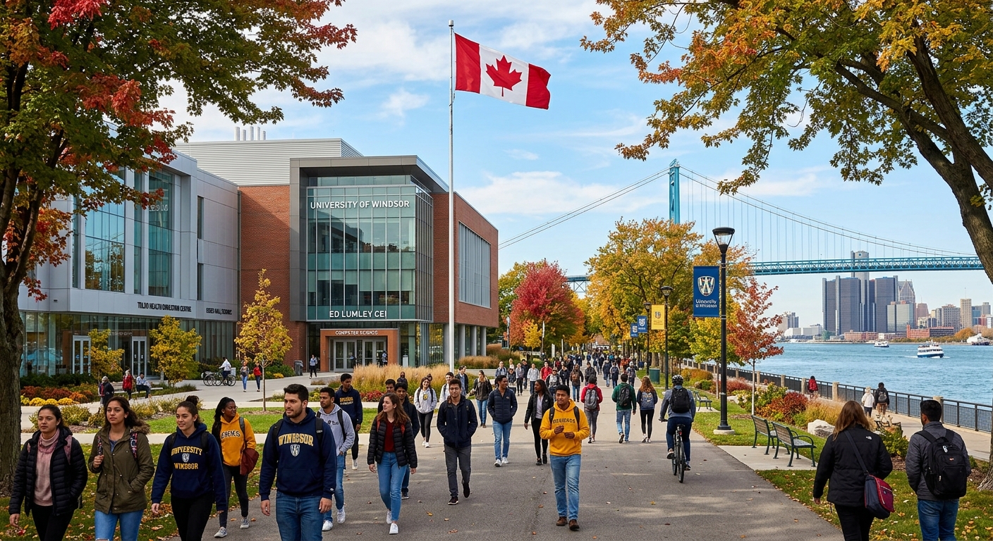 University of Windsor campus with modern science and computer science buildings, students walking along tree-lined pathways near the Detroit River waterfront, bright autumn day with Canadian flag visible