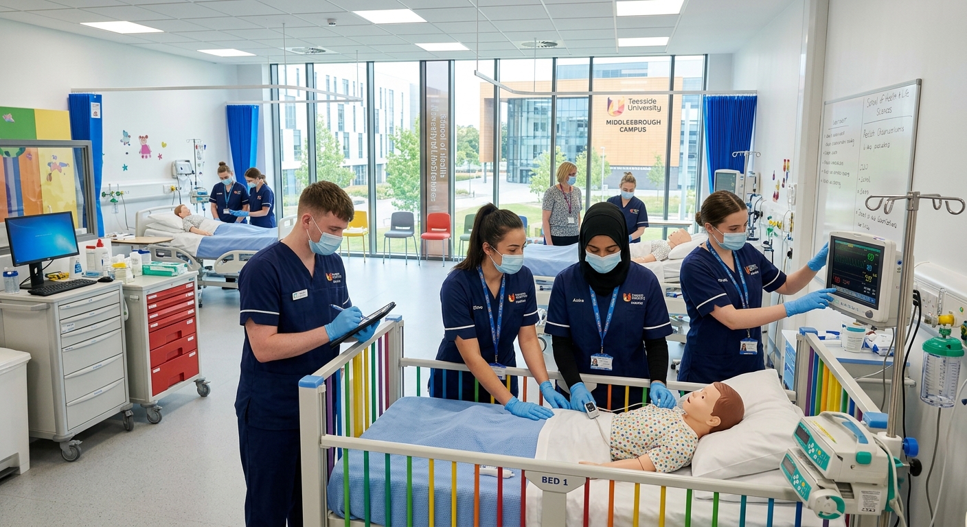 Teesside University modern campus in Middlesbrough with clinical nursing simulation laboratories, students in nursing uniforms practicing paediatric care skills, bright contemporary healthcare training facility