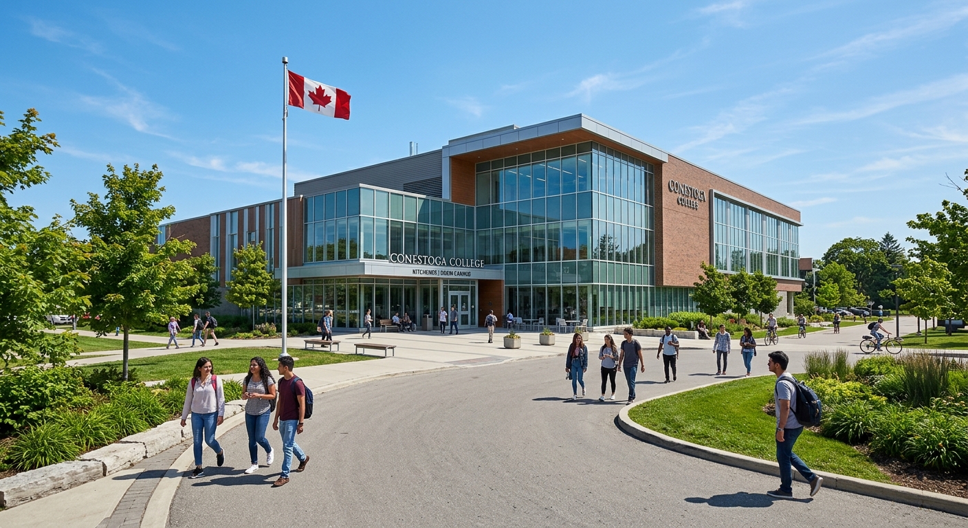 Modern Conestoga College campus building in Kitchener Ontario with glass facade, students walking on pathways surrounded by green landscaping, Canadian flag visible, clear blue sky
