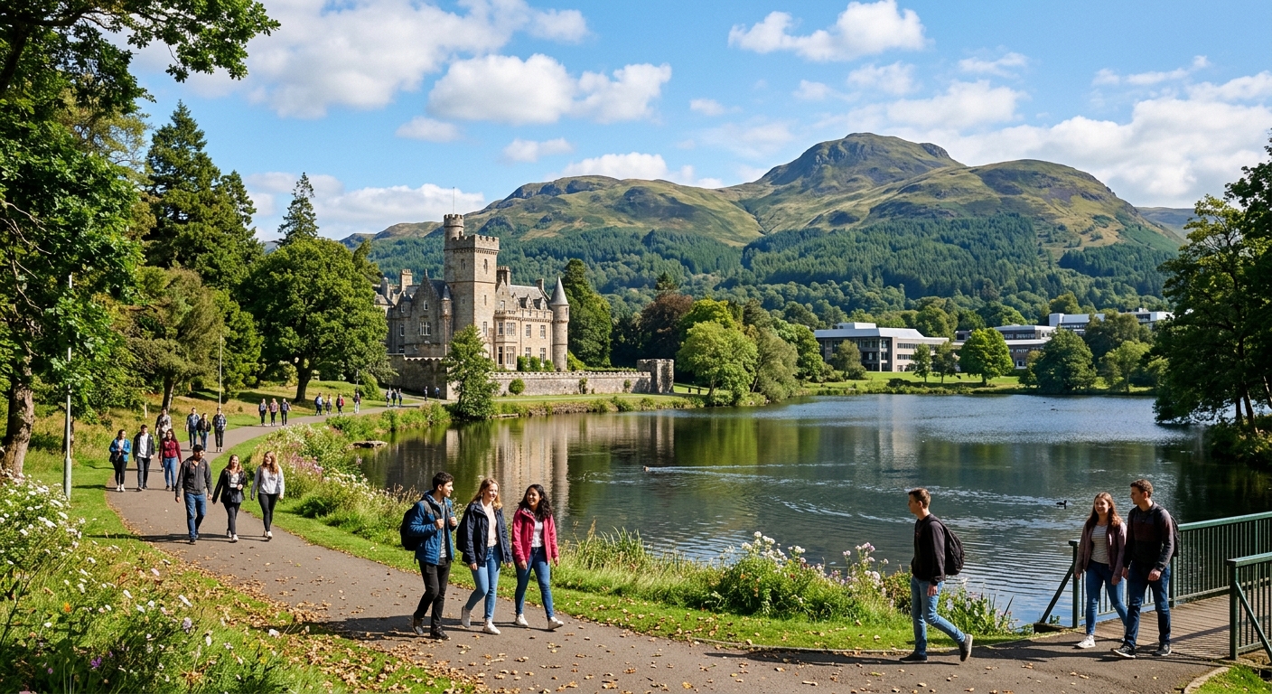 University of Stirling campus with Airthrey Castle and loch in foreground, Ochil Hills in background, students walking along tree-lined pathways on a sunny day in Scotland