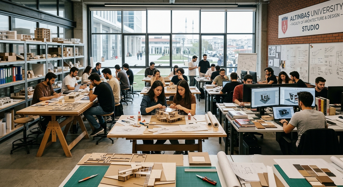 Modern interior architecture design studio at Altinbas University Istanbul campus, students working on architectural models and digital renderings, bright open workspace with drafting tables and design materials