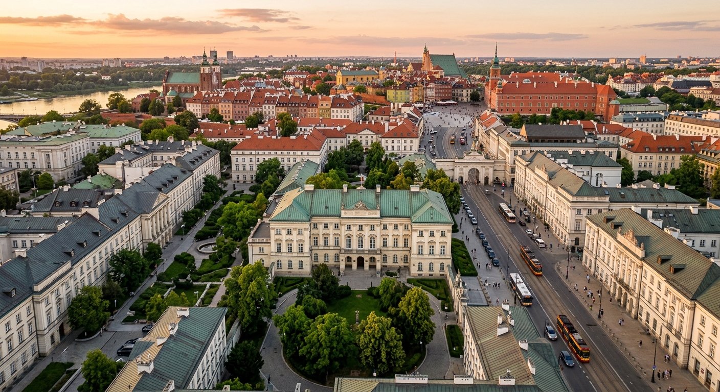 University of Warsaw main campus aerial view, historic Kazimierzowski Palace and surrounding neoclassical buildings along Krakowskie Przedmiescie street, green courtyards, Warsaw Old Town in the background, soft golden hour light