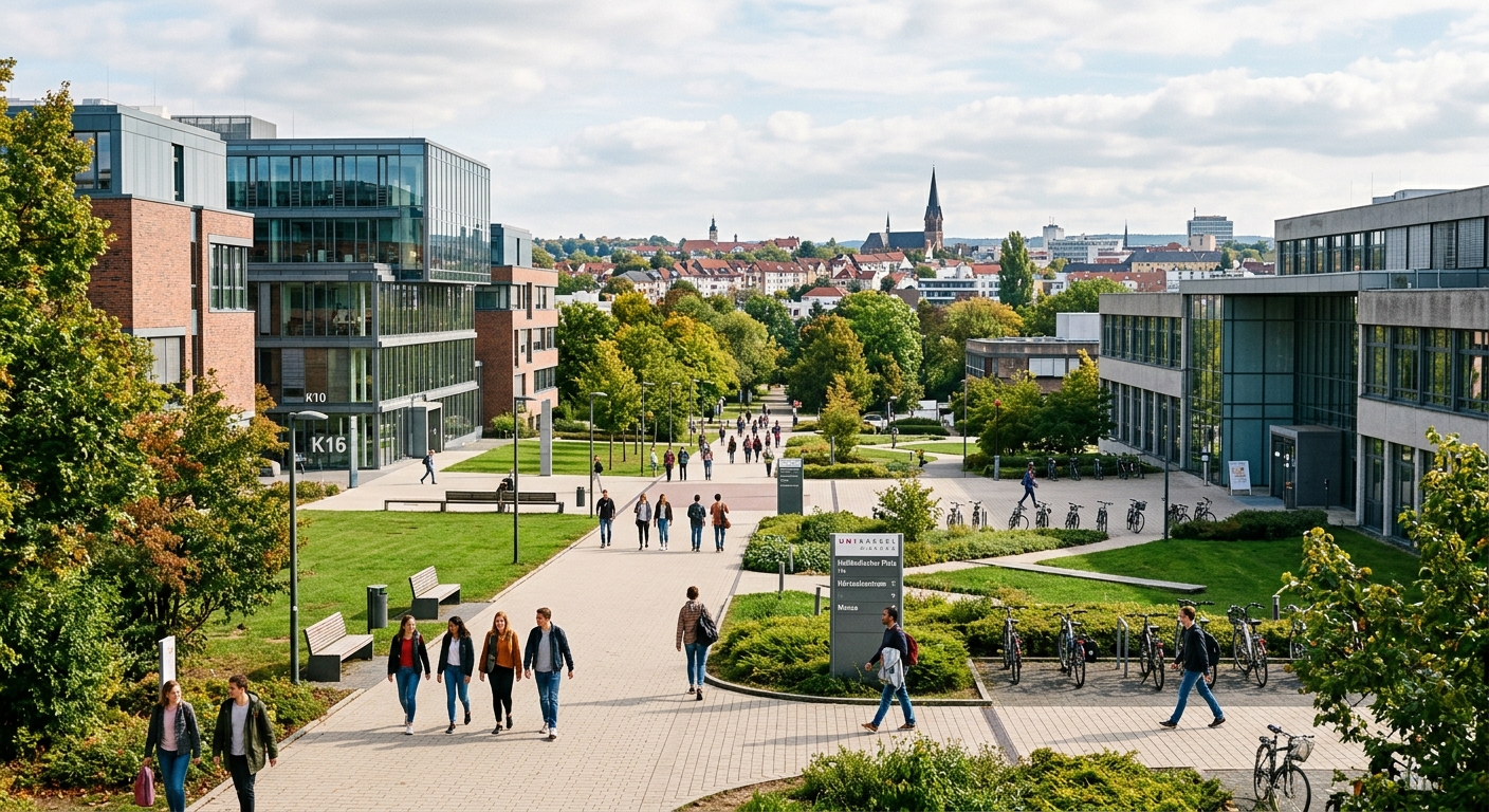 University of Kassel campus at Hollaendischer Platz with modern academic buildings, students walking between lecture halls, green spaces and trees in the background, Kassel Germany cityscape