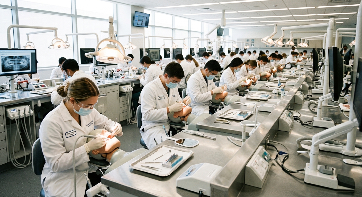 Dental simulation clinic laboratory with practice mannequins, dental equipment stations, bright overhead lighting, students in white coats practicing procedures