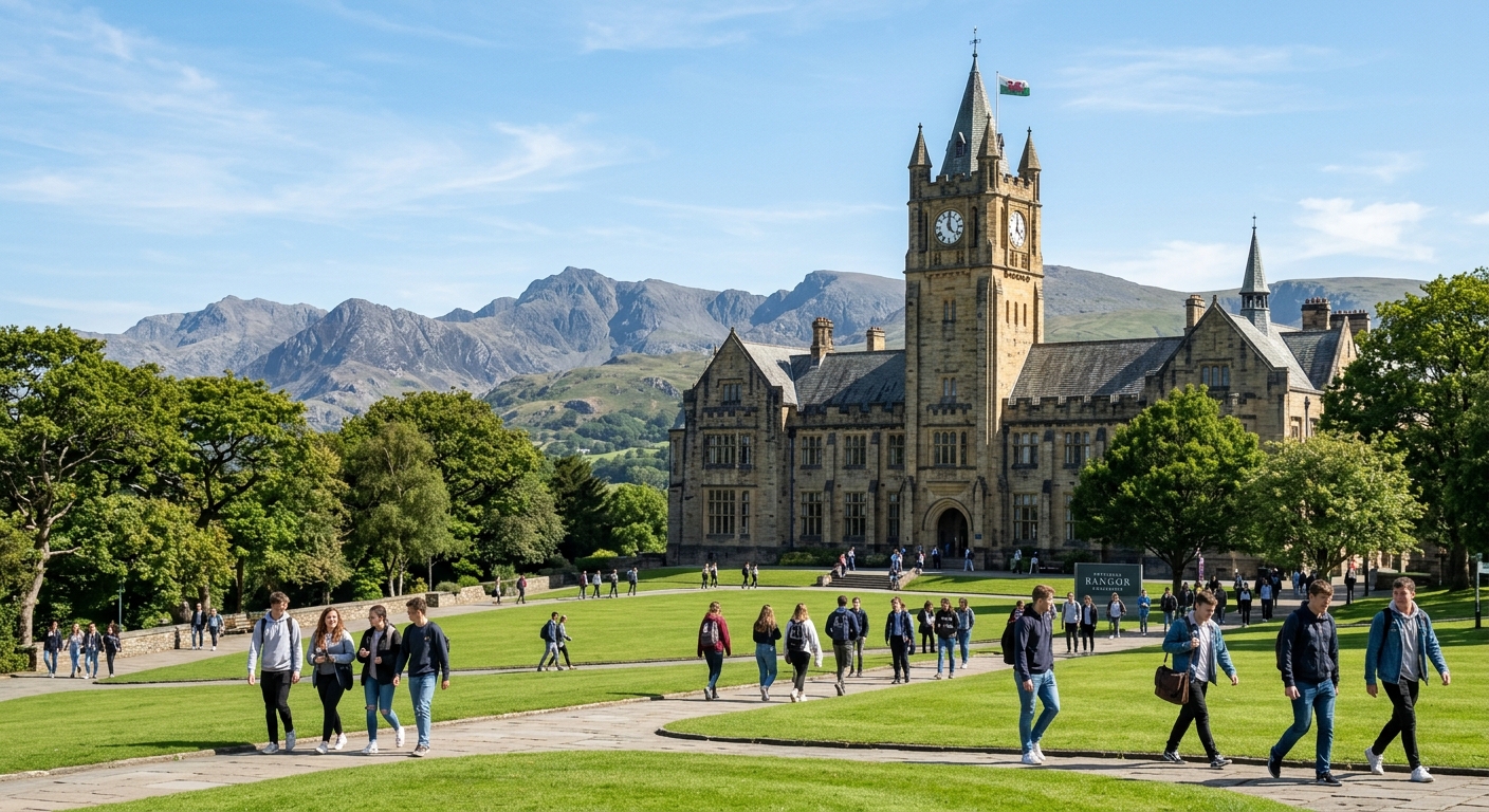 Historic Bangor University main building with its distinctive clock tower set against the backdrop of Snowdonia mountains, students walking across the green campus grounds on a sunny day in North Wales