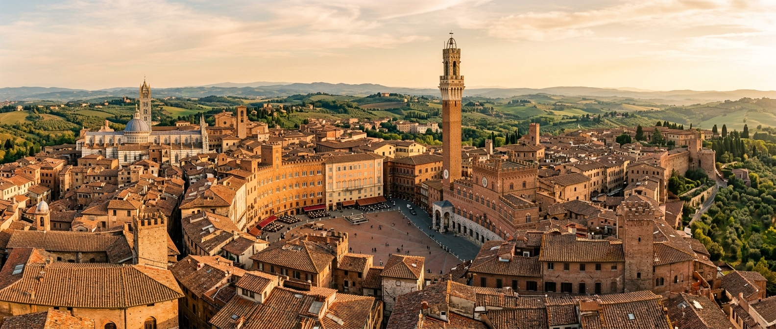 Panoramic view of Siena, Italy, showing the iconic Piazza del Campo shell-shaped square, Torre del Mangia tower, red-roofed medieval buildings, Tuscan rolling hills in the background, golden afternoon light