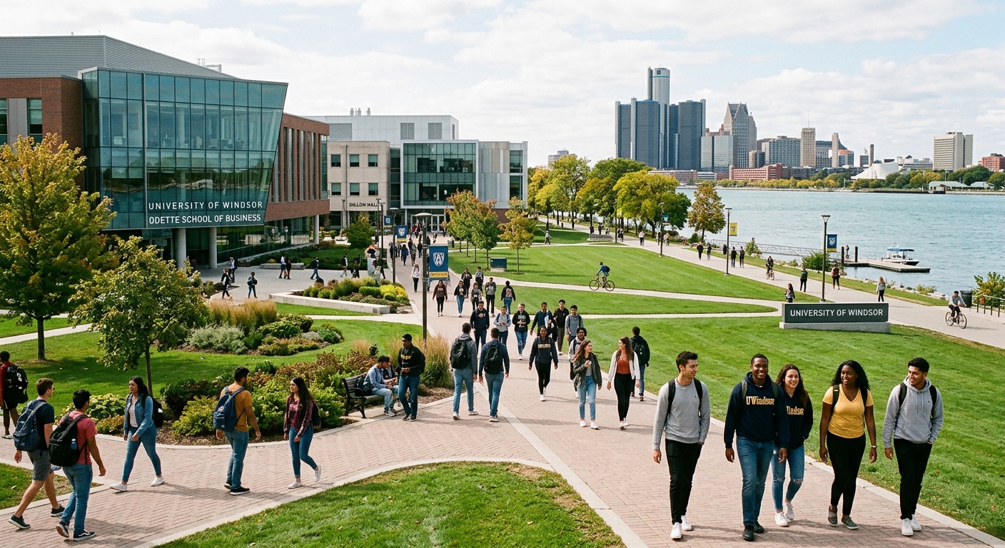 University of Windsor campus with modern academic buildings, green lawns, and students walking along pathways near the Detroit River waterfront in Windsor, Ontario, Canada