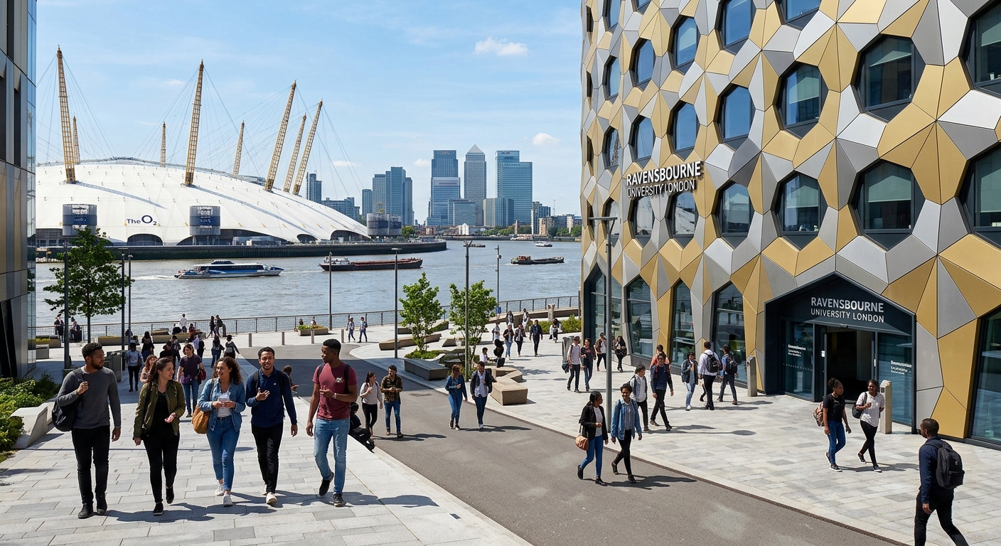 Modern Ravensbourne University London campus building on Greenwich Peninsula with geometric facade, students walking near the O2 Arena, bright daylight with the River Thames visible in the background