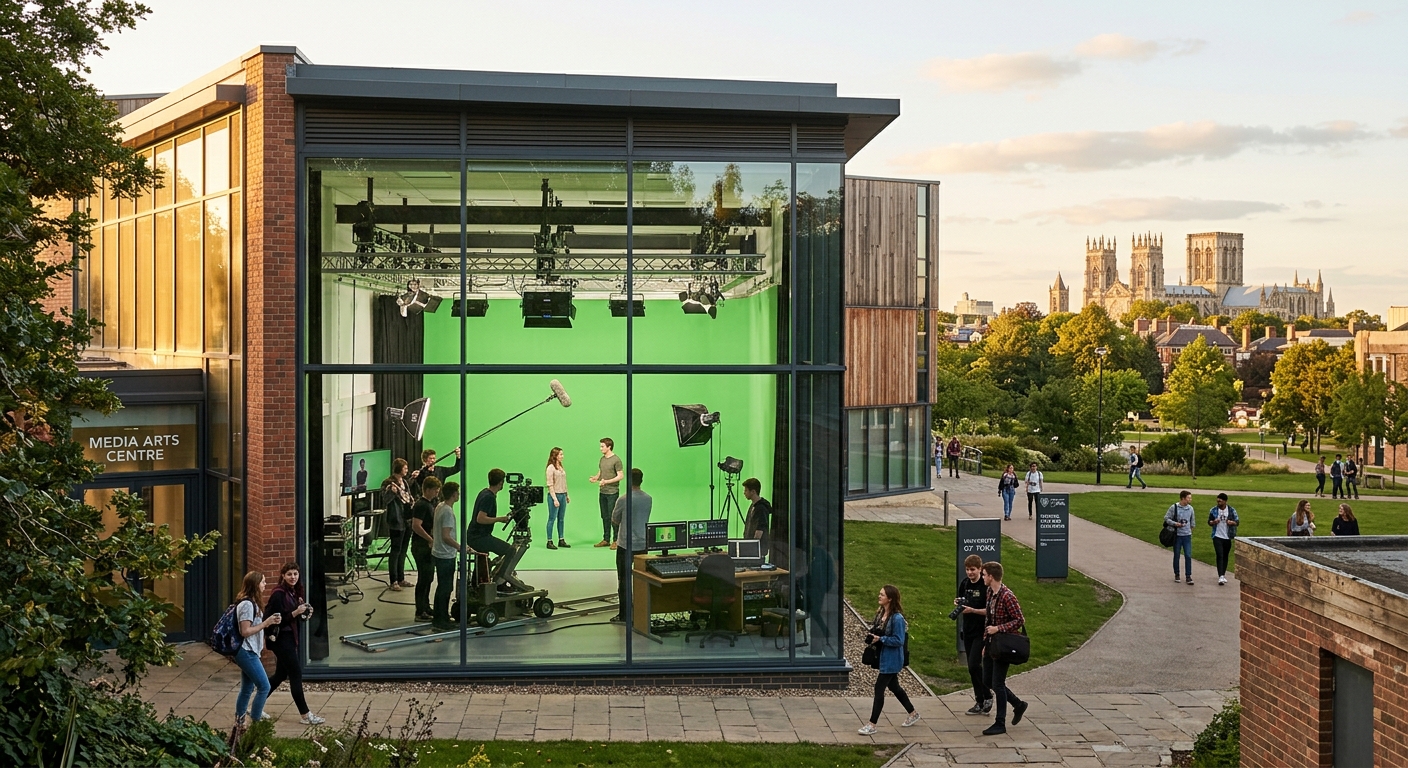 University of York campus with modern media production building, green screen studio visible through glass windows, students working with professional film equipment, historic York Minster visible in the background, golden hour lighting