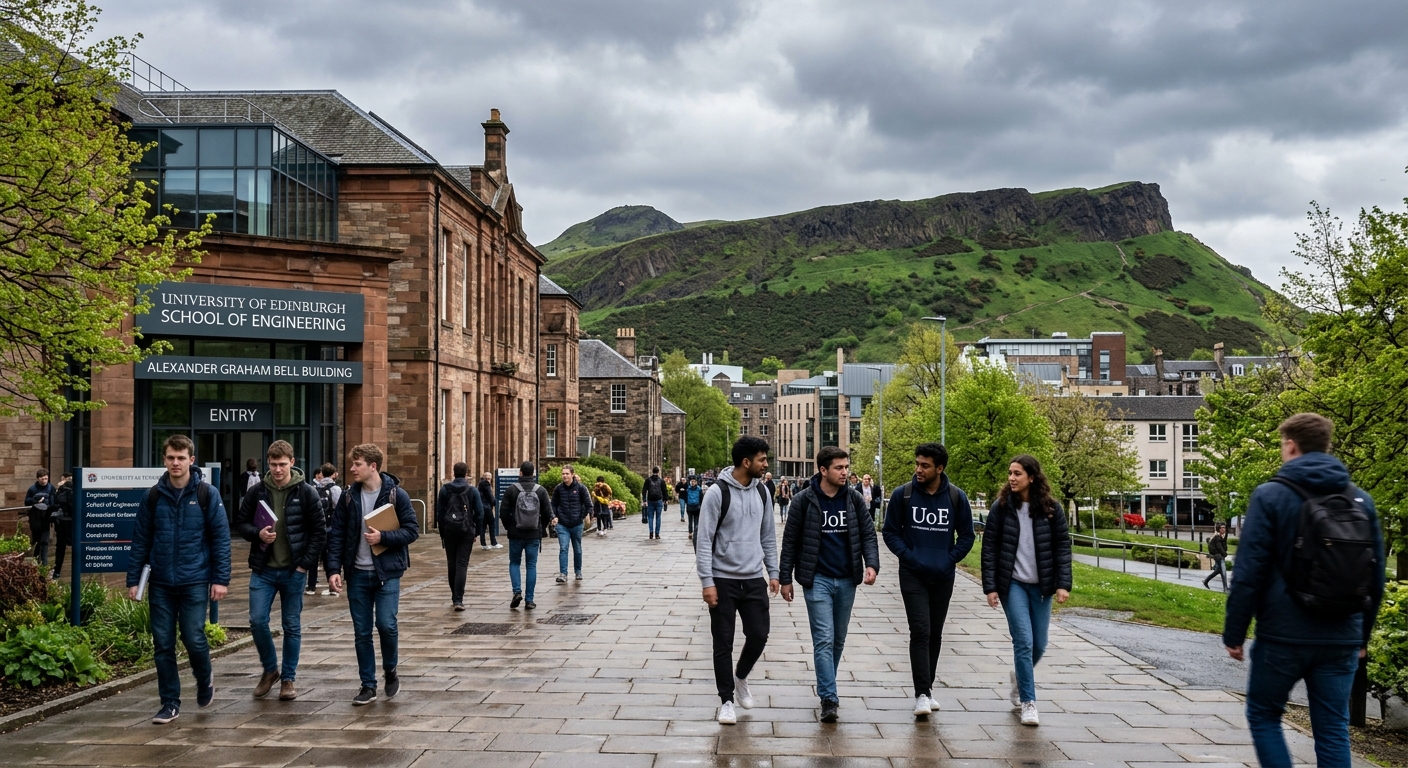 University of Edinburgh historic campus with Arthur's Seat in the background, engineering students walking near the School of Engineering building, overcast Scottish sky with green landscape