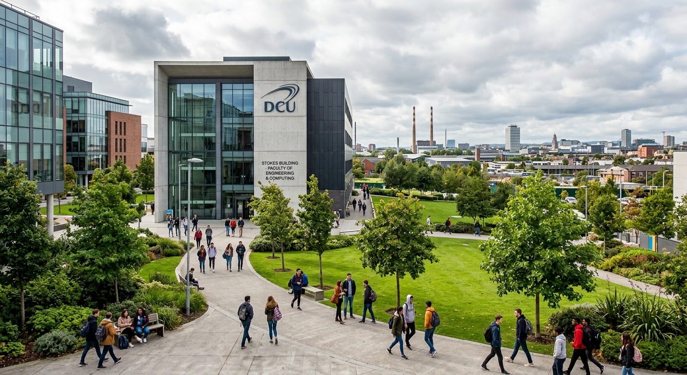 Modern Dublin City University Glasnevin campus with contemporary STEM building, students walking through green courtyard, Dublin cityscape in background, bright overcast Irish sky