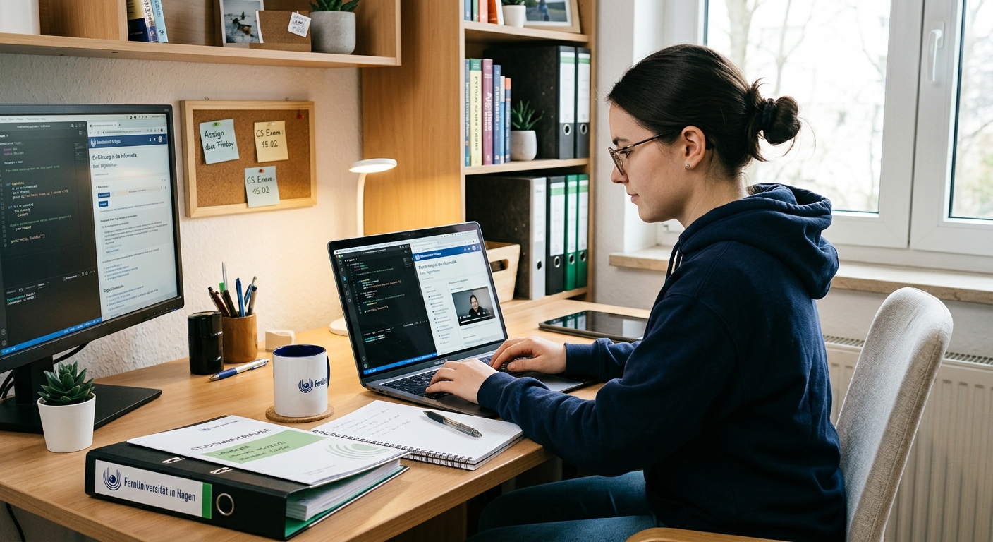 Modern distance learning setup with a student studying computer science on a laptop at home, digital course materials and code visible on screen, FernUniversität in Hagen logo on study documents, bright and organized workspace