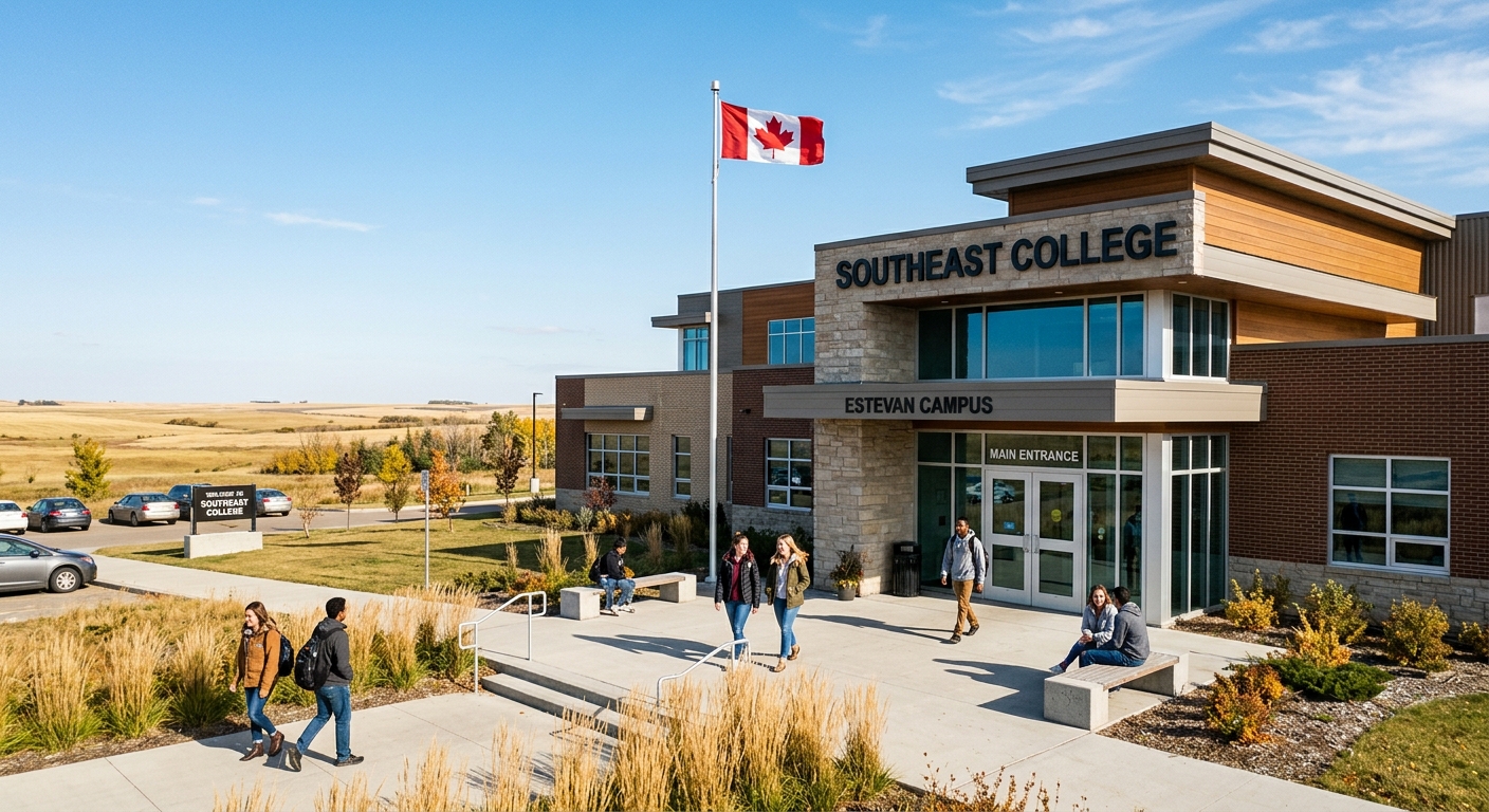 Southeast College campus building in Saskatchewan Canada, prairie landscape with clear sky, students walking near entrance, modern educational facility with Canadian flag