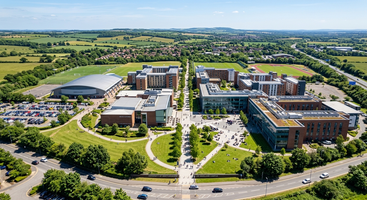 University of Hertfordshire de Havilland Campus wide aerial view, modern glass and brick buildings, green lawns, students walking along pathways, Hertfordshire countryside in background, bright daylight