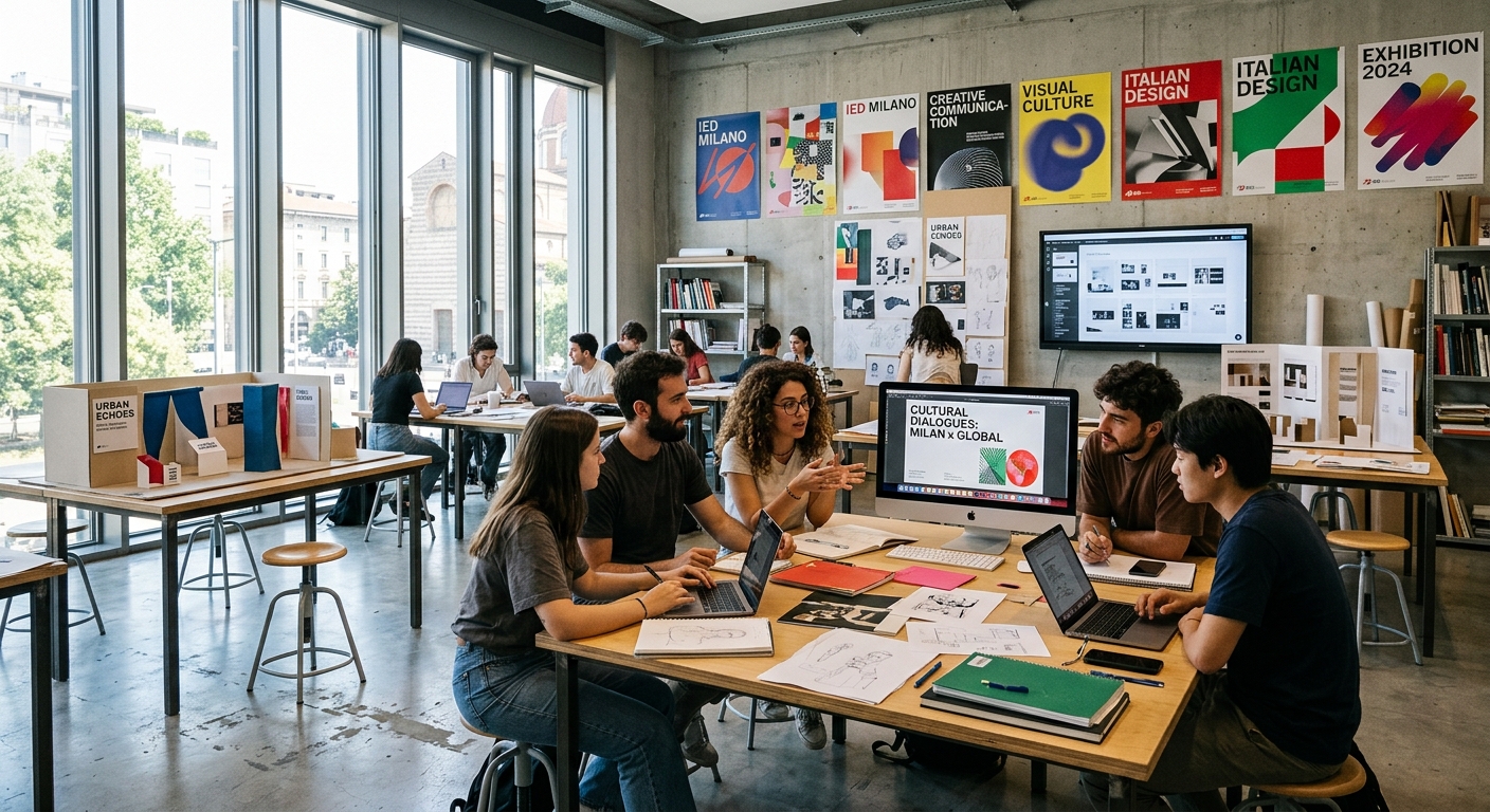 Modern IED Milan campus interior with students collaborating on cultural communication projects, contemporary art posters on walls, natural light streaming through large windows, creative studio atmosphere with digital screens and exhibition mockups