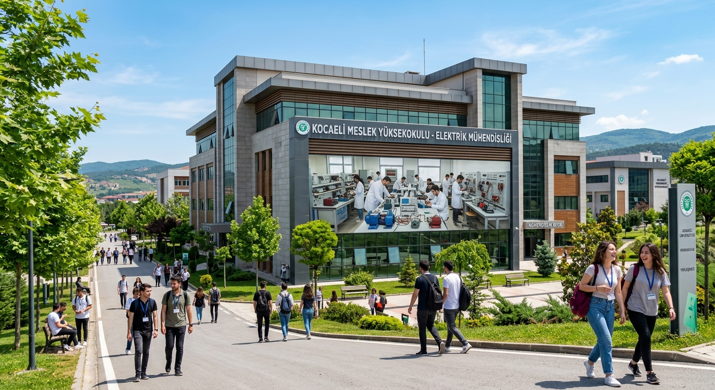 Modern vocational school campus building in Kocaeli Turkey with electrical engineering laboratory equipment visible through large windows, students walking on tree-lined pathways, clear sky background