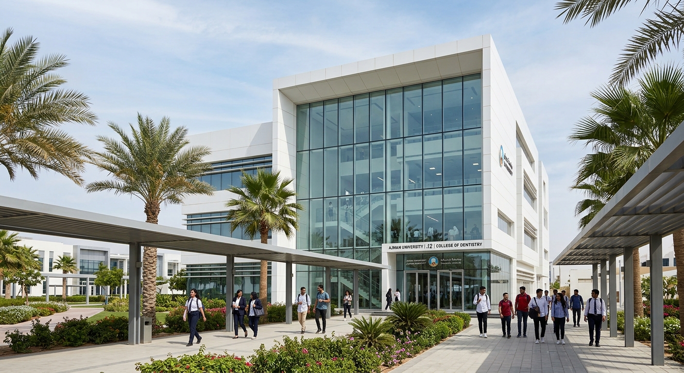 Ajman University J2 building exterior with three-story glass atrium facade, modern white architecture, palm trees, and students walking along covered pathways