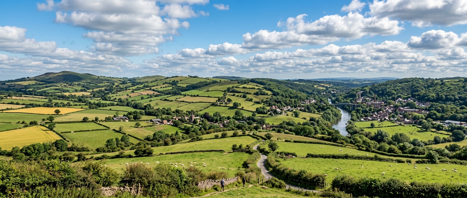 Shropshire countryside panoramic view, rolling green hills, patchwork fields, Ironbridge Gorge in distance, blue sky with scattered clouds, English rural landscape