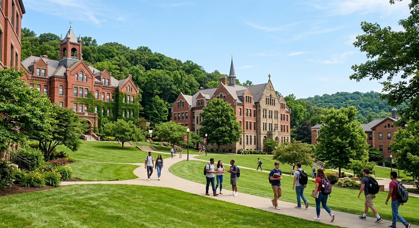Seton Hill University campus in Greensburg Pennsylvania, historic brick buildings with green lawns, wooded hillside setting with students walking between academic buildings under clear sky