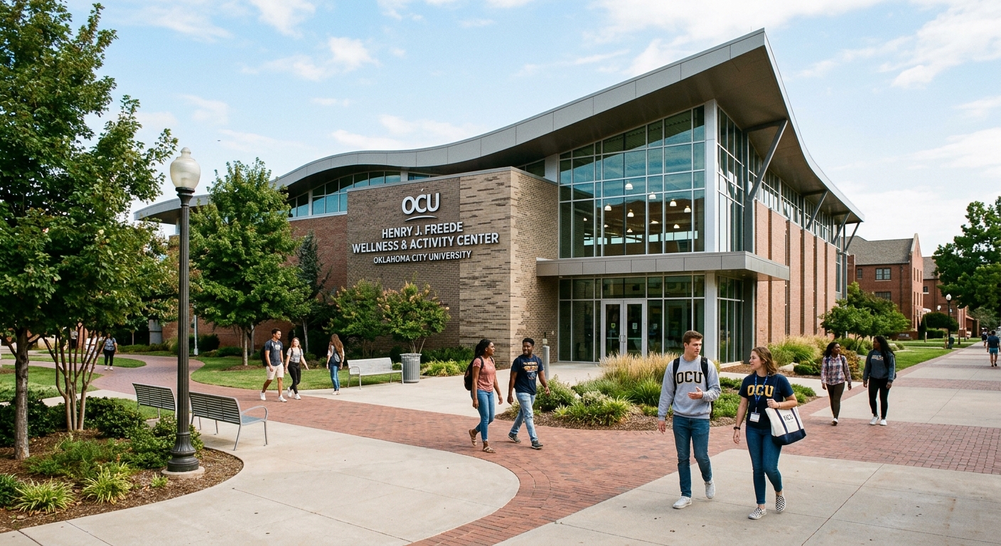 Henry J. Freede Wellness and Activity Center at Oklahoma City University, modern sports facility exterior, students walking nearby