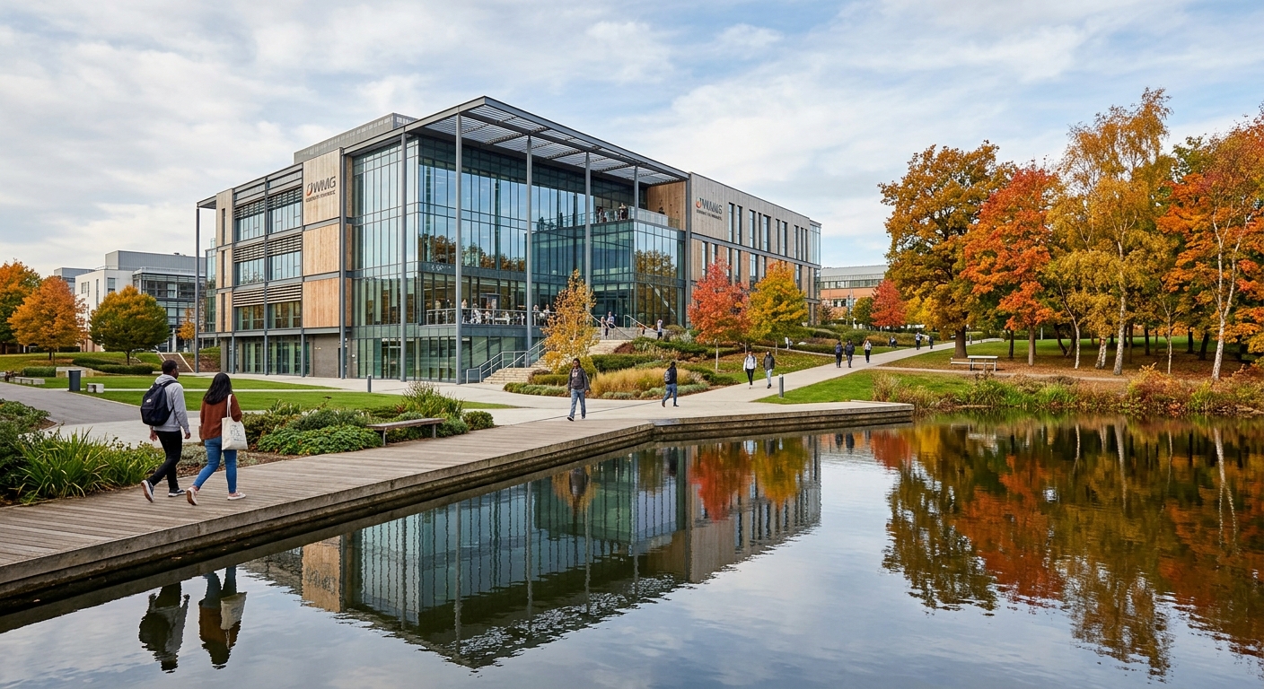 Modern WMG building at University of Warwick campus in Coventry, UK, with contemporary glass and steel architecture, green landscaped surroundings, students walking along pathways, autumn trees reflected in nearby lake