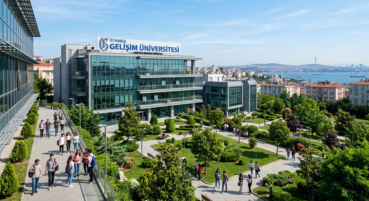Modern Istanbul Gelisim University campus building in Avcilar district with students walking through green courtyards, Istanbul skyline in the background, contemporary architecture with glass facades