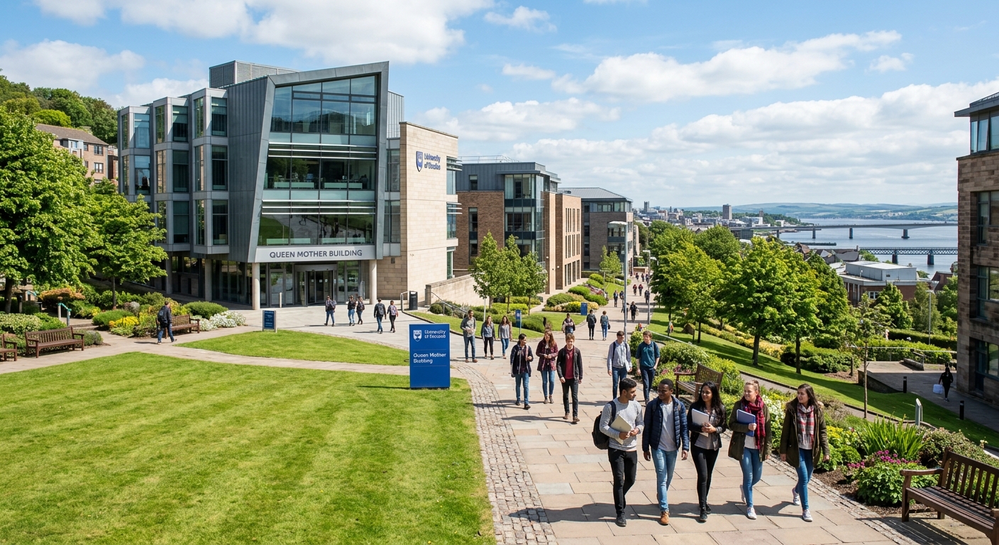 University of Dundee campus in Scotland with modern academic buildings, green spaces, and the Queen Mother Building computing centre visible, students walking between buildings on a bright day